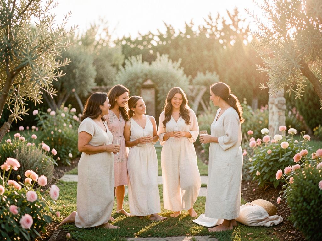 Femmes réunies dans un jardin fleuri au coucher du soleil