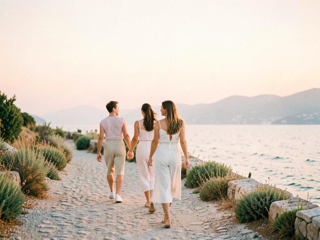 Femmes marchant sur un sentier côtier au lever du soleil